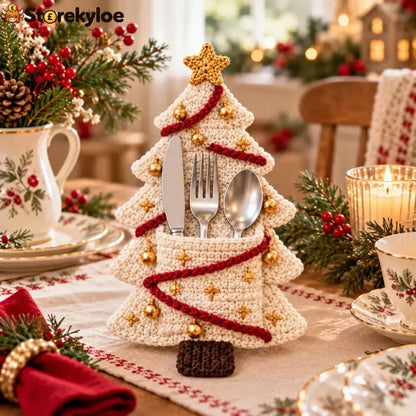 Crochet Christmas Tree Cutlery Holder Pattern Set - 4 Designs