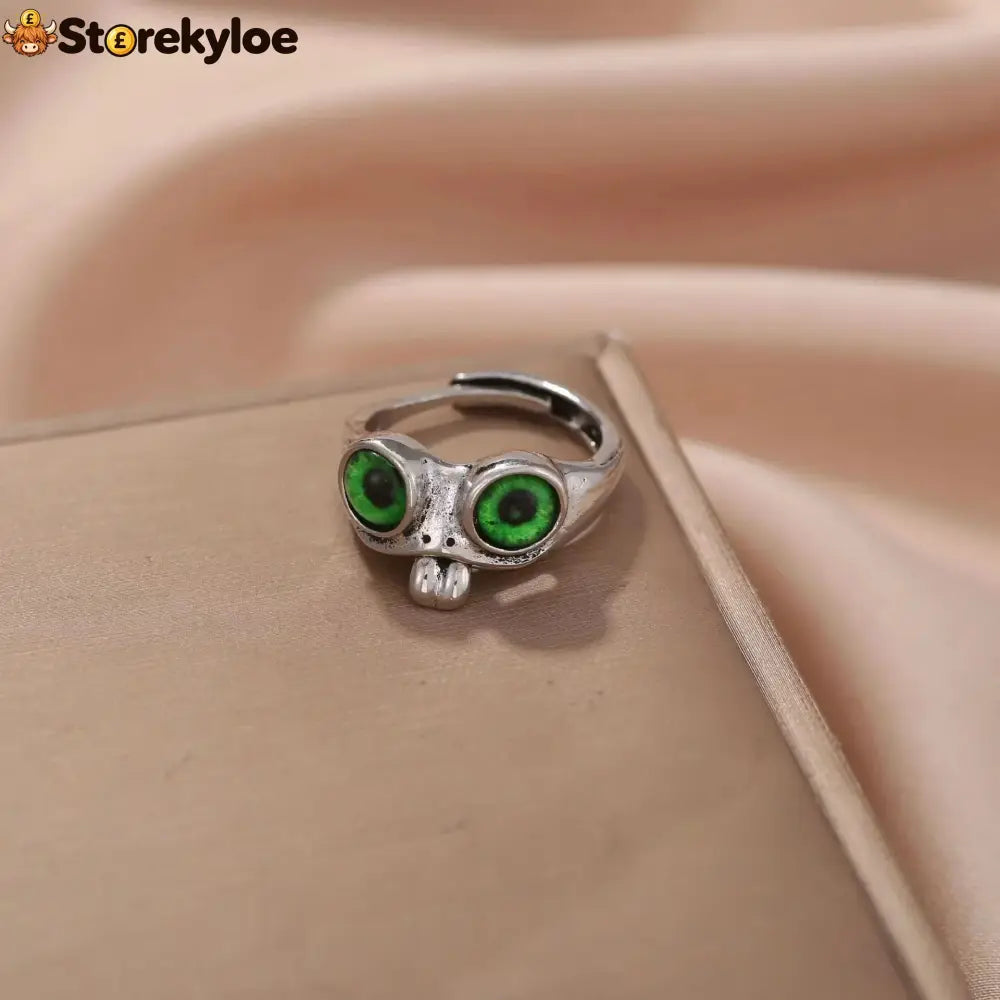 🐸cute Adjustable Open Ring With Big Eyes - Green Eyes + Blue Eyes