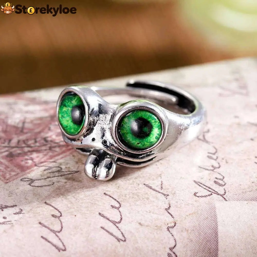 🐸cute Adjustable Open Ring With Big Eyes - Green Eyes + Blue Eyes