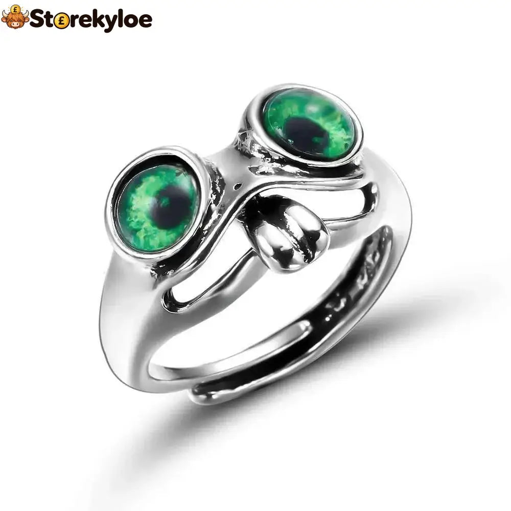 🐸cute Adjustable Open Ring With Big Eyes - Green Eyes + Blue Eyes