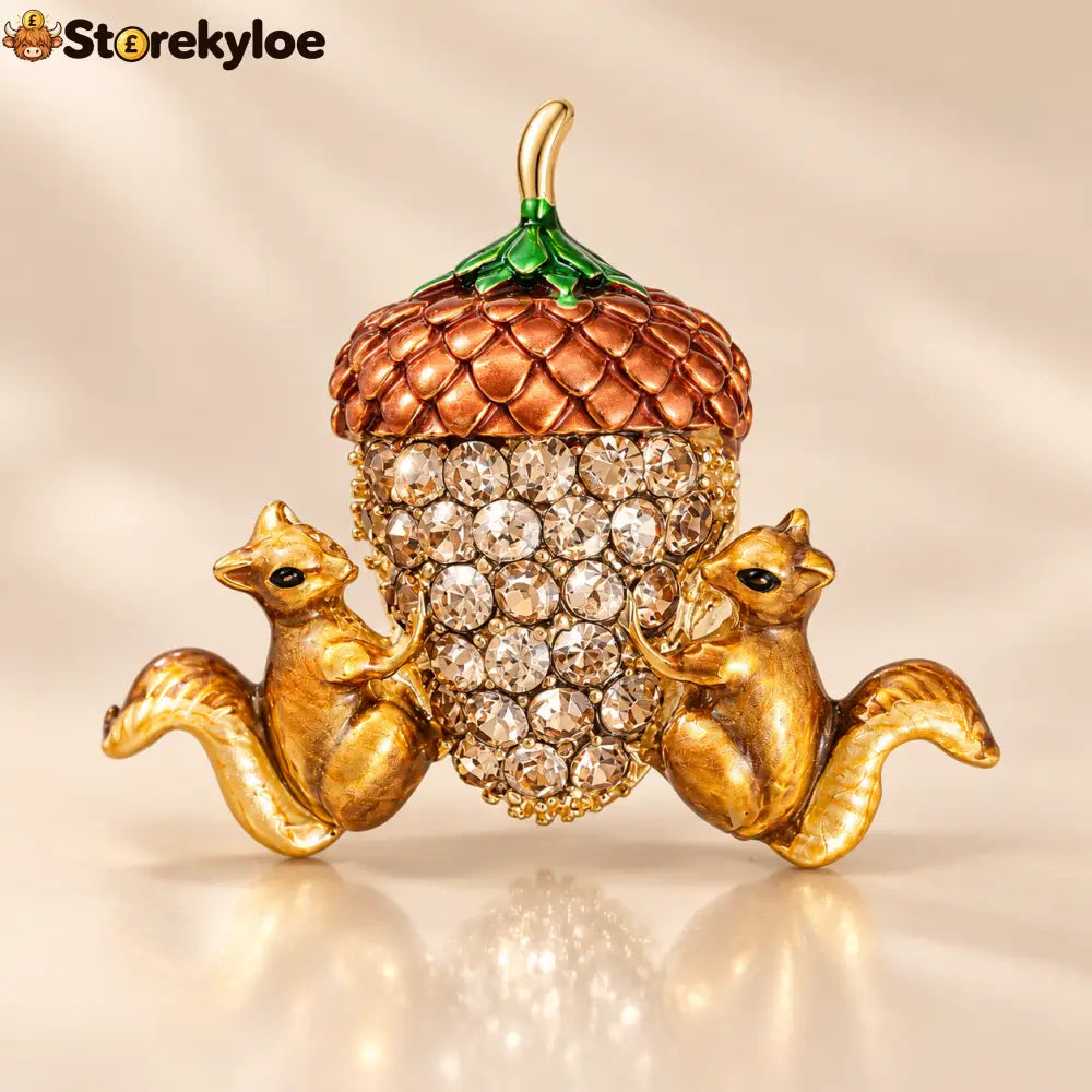 🐿️cute Twin Squirrels & Rhinestone Acorn Brooch | Fall Season Lapel Pin - Cute Twin Squirrels & Rhinestone Acorn Brooch