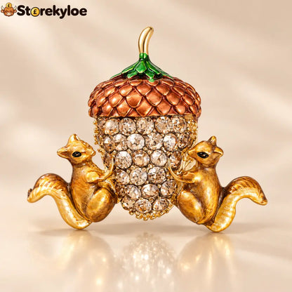🐿️cute Twin Squirrels & Rhinestone Acorn Brooch | Fall Season Lapel Pin - Cute Twin Squirrels & Rhinestone Acorn Brooch