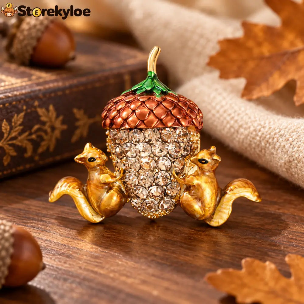 🐿️cute Twin Squirrels & Rhinestone Acorn Brooch | Fall Season Lapel Pin - Cute Twin Squirrels & Rhinestone Acorn Brooch