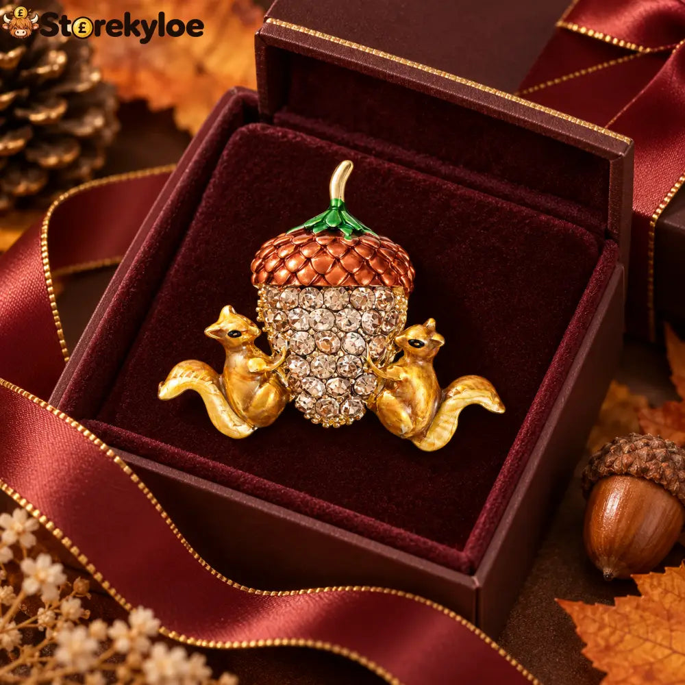 🐿️cute Twin Squirrels & Rhinestone Acorn Brooch | Fall Season Lapel Pin - Cute Twin Squirrels & Rhinestone Acorn Brooch
