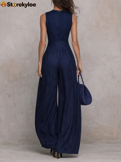 Dark Blue Striped Keyhole Neckline Wide-leg Jumpsuit
