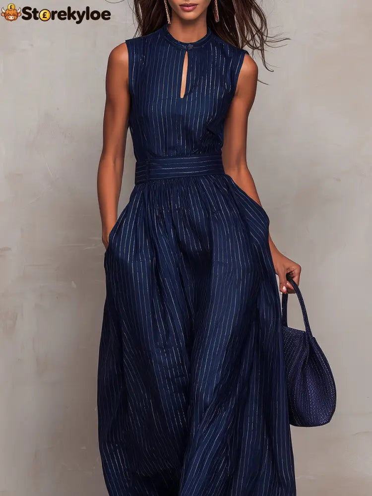 Dark Blue Striped Keyhole Neckline Wide-leg Jumpsuit