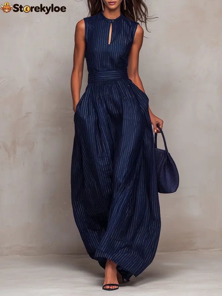 Dark Blue Striped Keyhole Neckline Wide-leg Jumpsuit - Dark Blue / XS