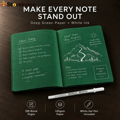 Deep Green Blank Notebook With White Gel Pen | Aesthetic Writing & Sketch Journal
