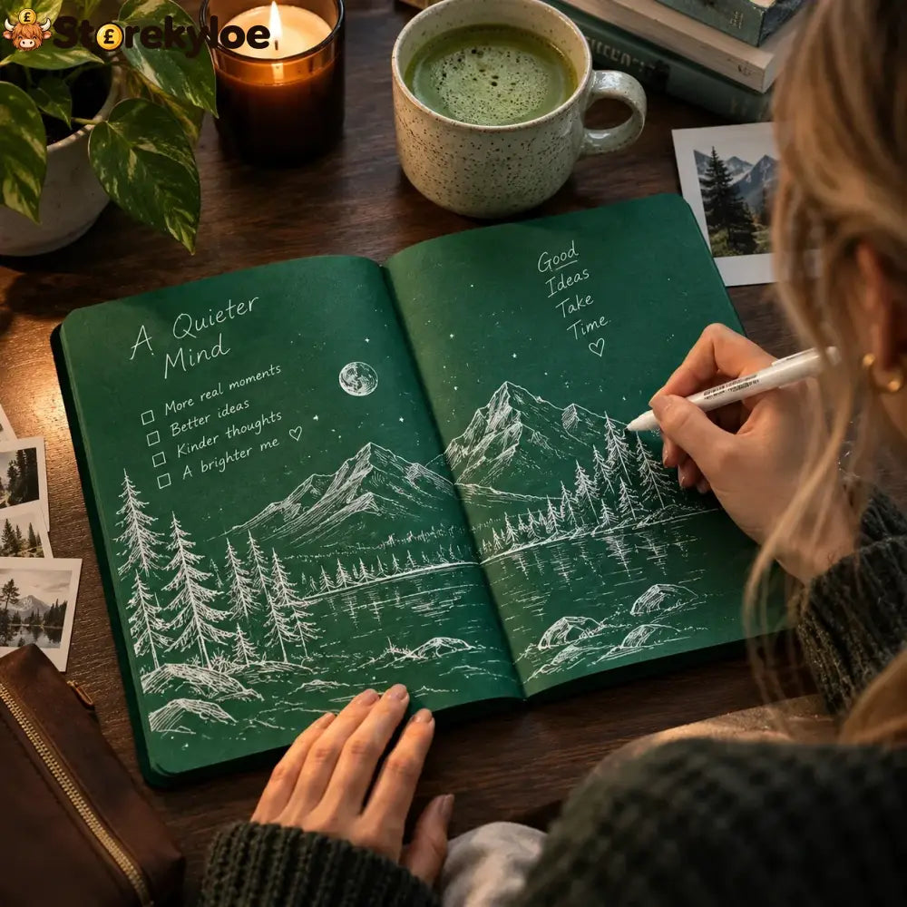 Deep Green Blank Notebook With White Gel Pen | Aesthetic Writing & Sketch Journal