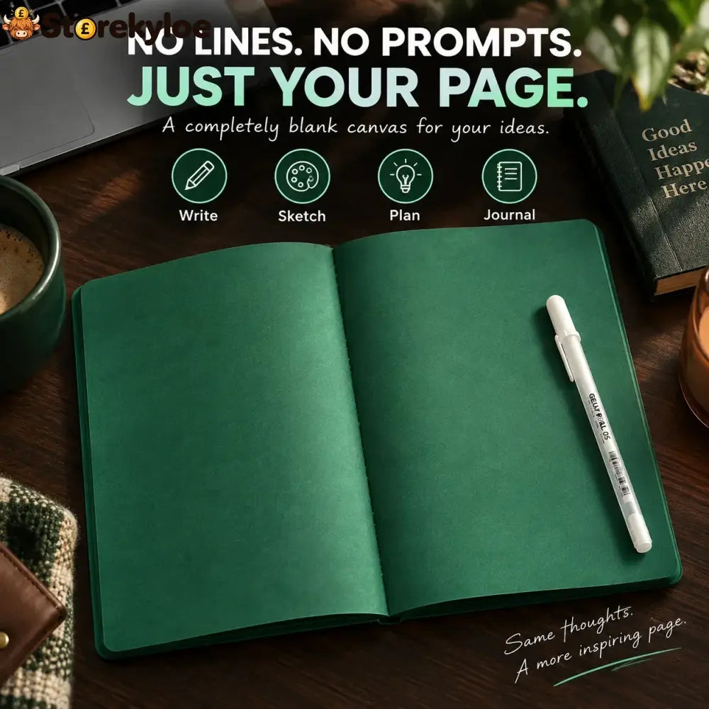 Deep Green Blank Notebook With White Gel Pen | Aesthetic Writing & Sketch Journal