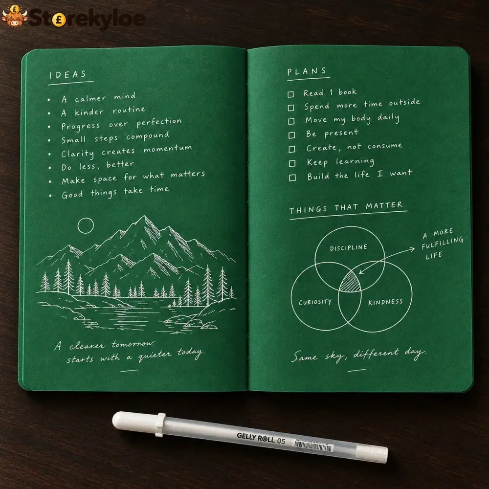 Deep Green Blank Notebook With White Gel Pen | Aesthetic Writing & Sketch Journal