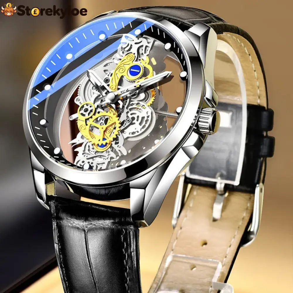 ⌚ Double-sided Skeleton Watch – Non-mechanical Tourbillon Luminous 30m Waterproof ✨ - Black Leather Black