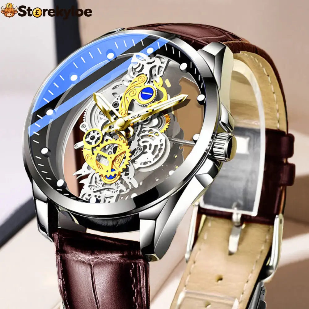 ⌚ Double-sided Skeleton Watch – Non-mechanical Tourbillon Luminous 30m Waterproof ✨ - Brown Leather Black
