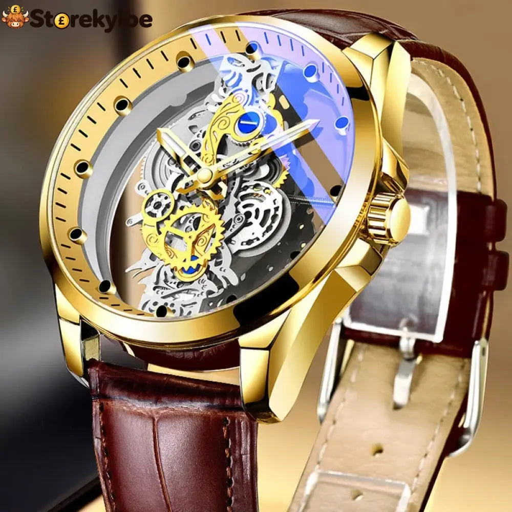 ⌚ Double-sided Skeleton Watch – Non-mechanical Tourbillon Luminous 30m Waterproof ✨ - Brown Leather Gold