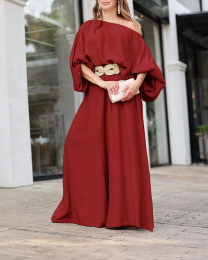 Skew Neck Lantern Sleeve Loose Top & Zipper Fly Wide Leg Pants Set Without Belt