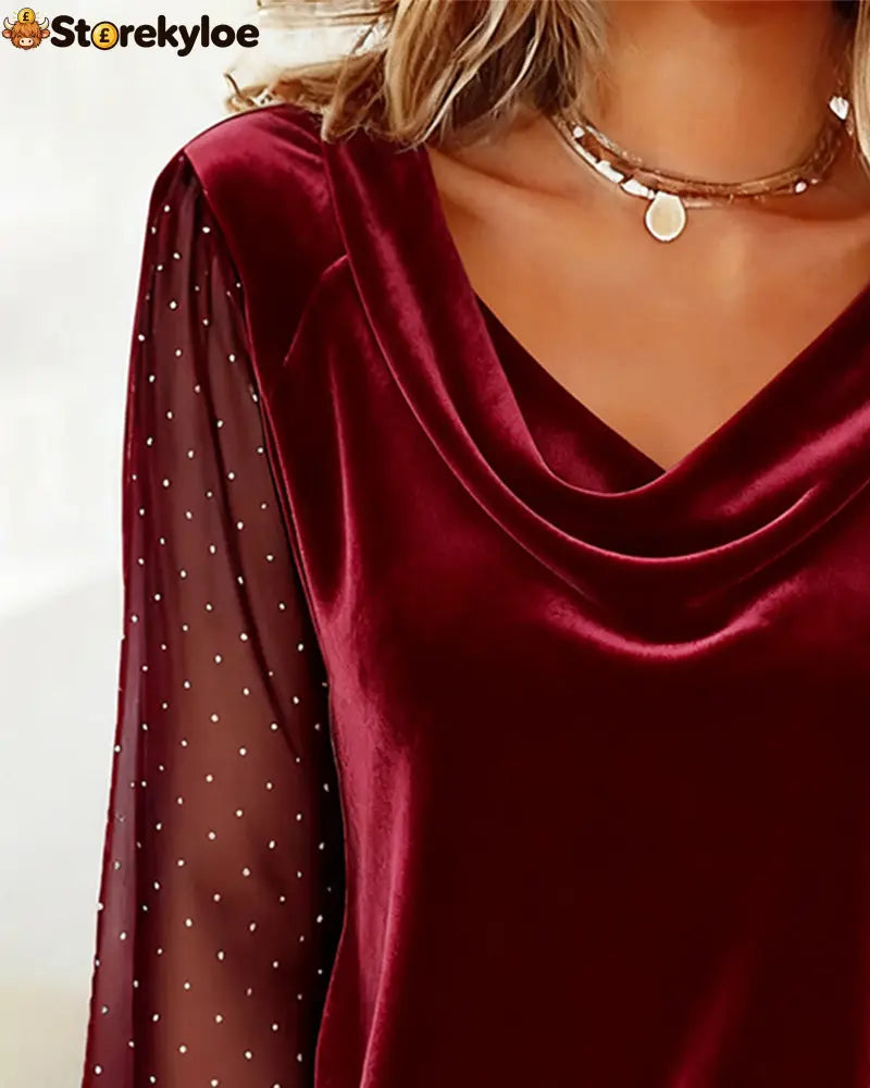 Draped Collar Patchwork Long-Sleeved Top