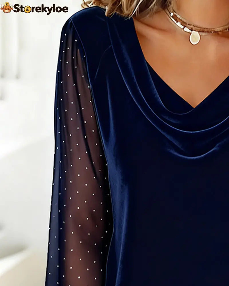 Draped Collar Patchwork Long-Sleeved Top