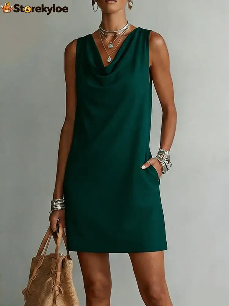 Draped-neck Sleeveless Cotton Dress
