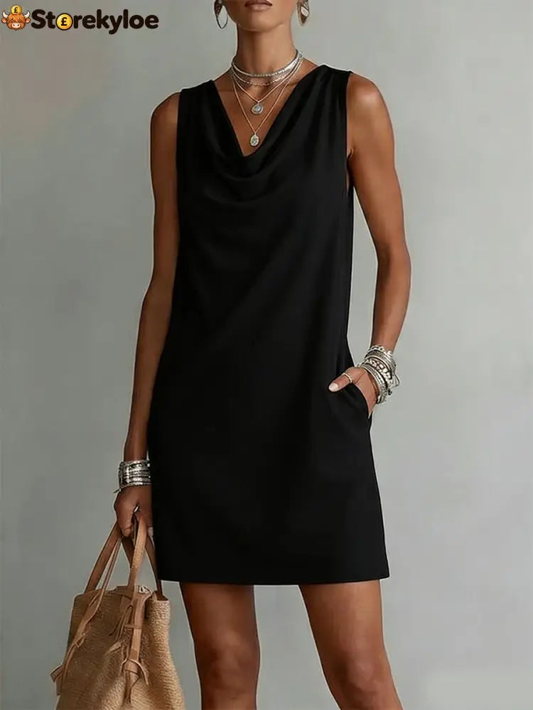 Draped-neck Sleeveless Cotton Dress - Black / S