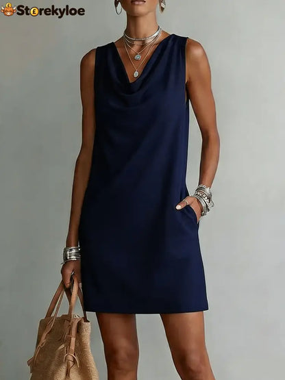 Draped-neck Sleeveless Cotton Dress - Blue / S