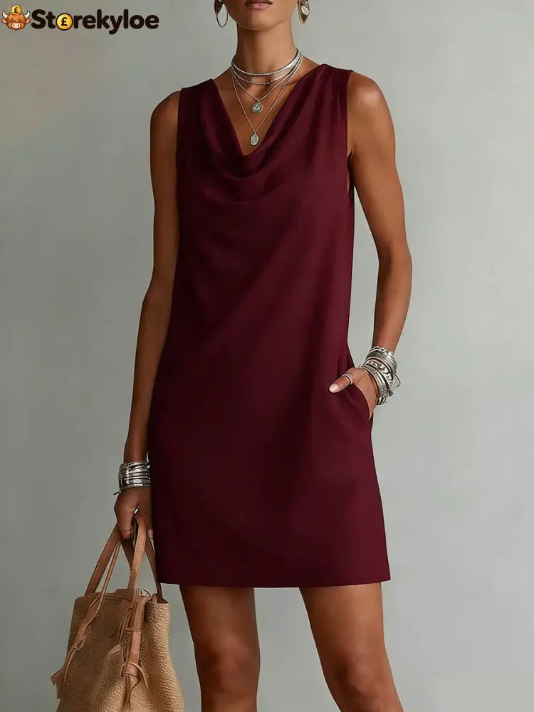 Draped-neck Sleeveless Cotton Dress - Red / S
