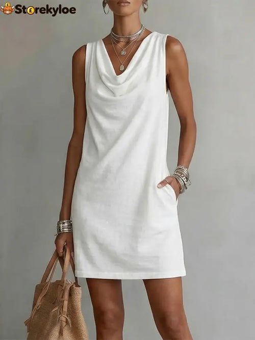 Draped-neck Sleeveless Cotton Dress - White / S