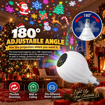 🎉🎄 Rotating Projection Light Bulb – 16 Christmas Patterns, No-Install Holiday Ambience