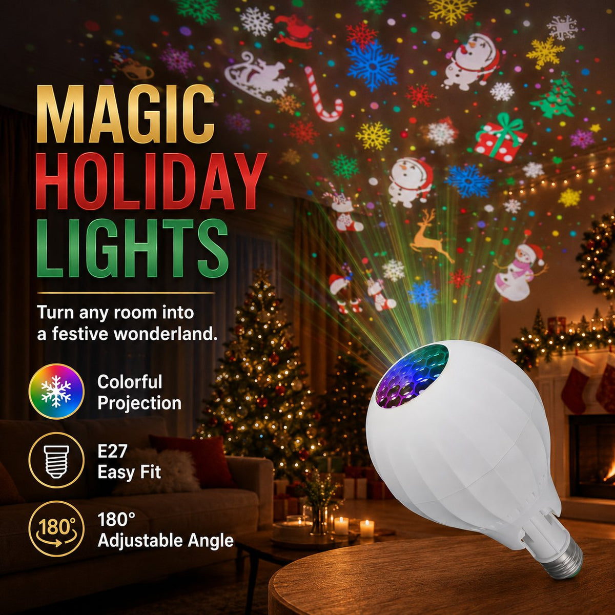 🎉🎄 Rotating Projection Light Bulb – 16 Christmas Patterns, No-Install Holiday Ambience