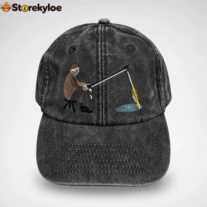 🏆Early Holiday Sale 49% OFF🎣 Catch of the Day Interactive Fishing Cap – Vintage Washed Moving Fish Hat - Washed Black