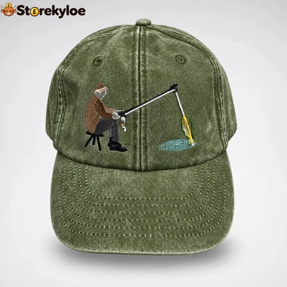 🏆Early Holiday Sale 49% OFF🎣 Catch of the Day Interactive Fishing Cap – Vintage Washed Moving Fish Hat - Olive Green