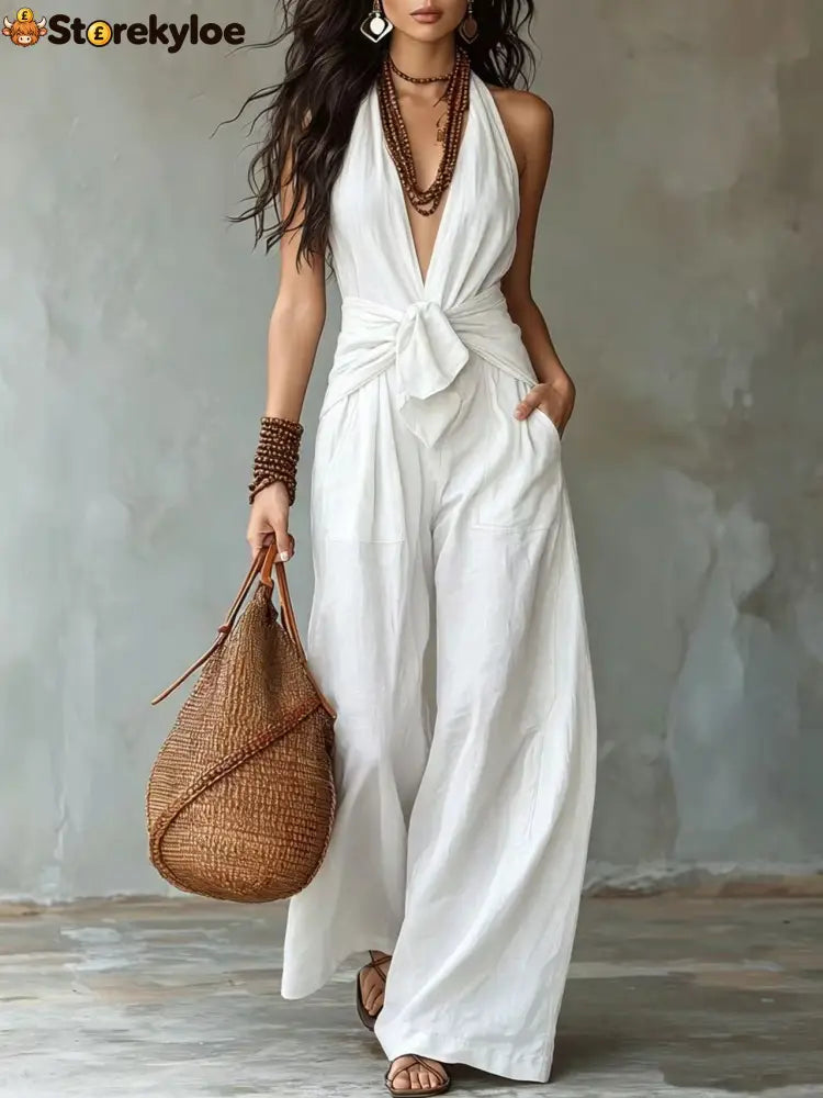 Earthy Brown Halter Wide-Leg Jumpsuit - White / XS