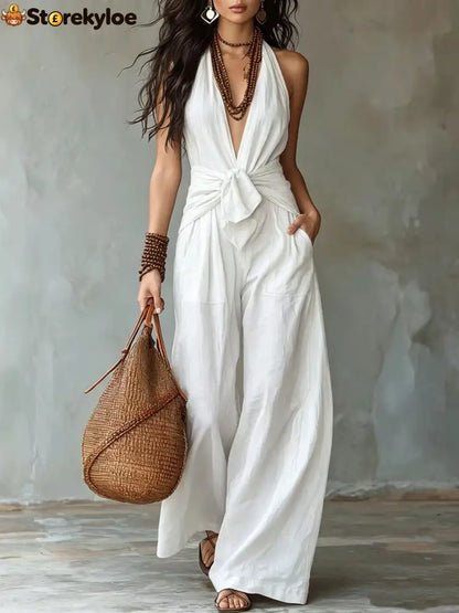 Earthy Brown Halter Wide-Leg Jumpsuit - White / XS