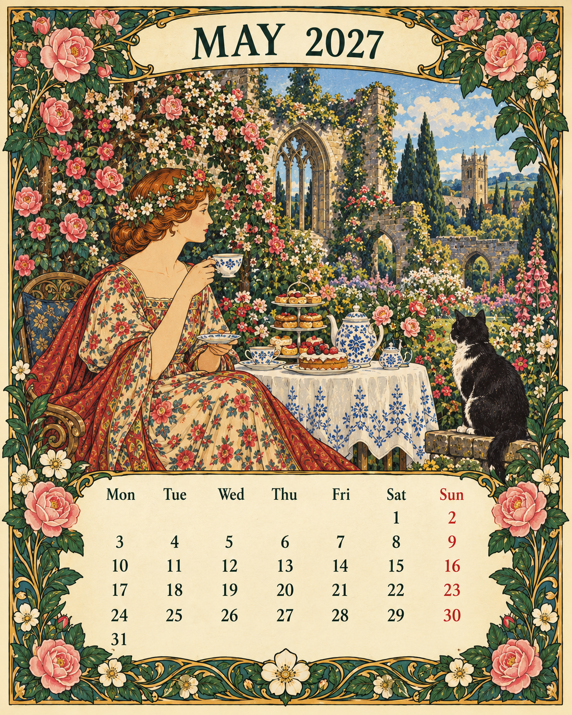 🌿 A Year of Timeless Days 2027 Wall Calendar – Storybook Gardens & Country Charm ：Afternoon tea, changing seasons and the beauty of unhurried days.
