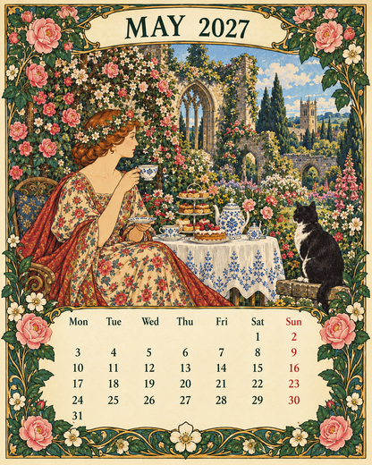 🌿 A Year of Timeless Days 2027 Wall Calendar – Storybook Gardens & Country Charm ：Afternoon tea, changing seasons and the beauty of unhurried days.