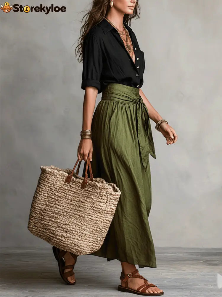 Effortless Boho Black Blouse & Olive Satin Midi Skirt Set