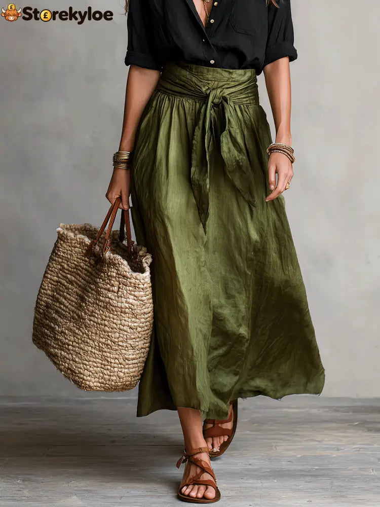 Effortless Boho Black Blouse & Olive Satin Midi Skirt Set