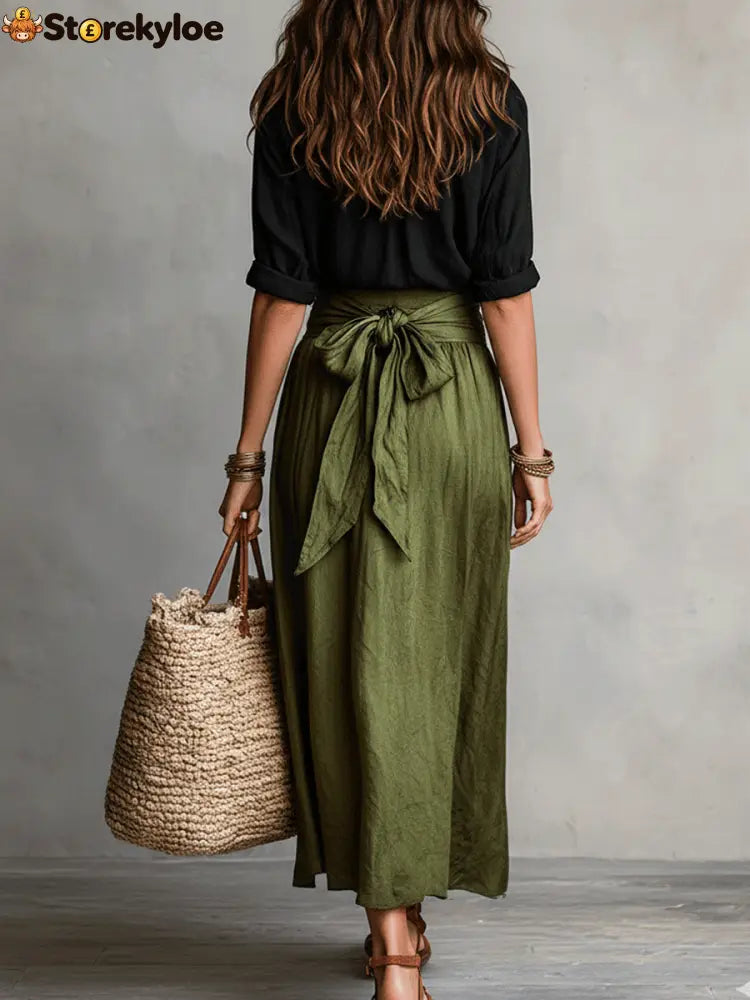 Effortless Boho Black Blouse & Olive Satin Midi Skirt Set
