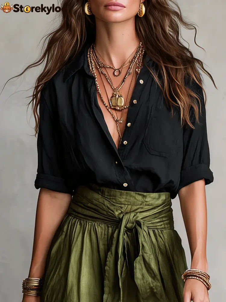 Effortless Boho Black Blouse & Olive Satin Midi Skirt Set