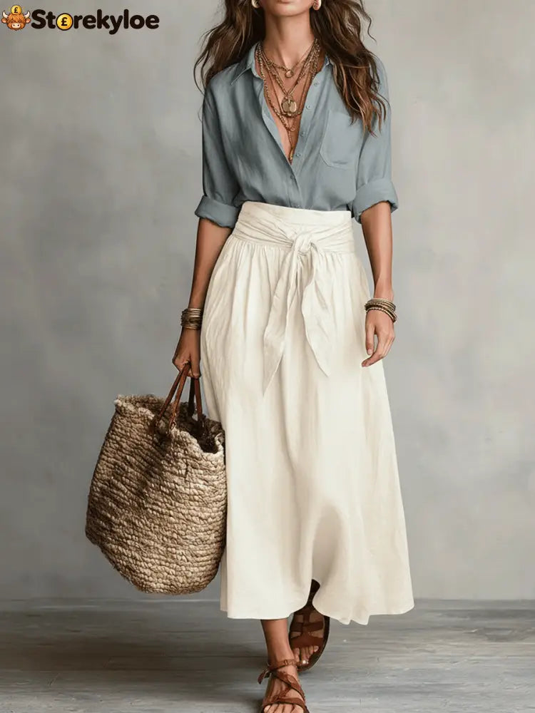 Effortless Boho Black Blouse & Olive Satin Midi Skirt Set - Blue / XS