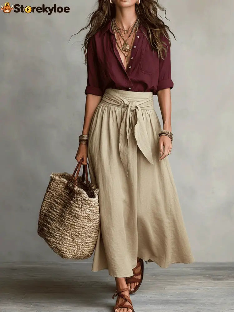 Effortless Boho Black Blouse & Olive Satin Midi Skirt Set - Red / XS