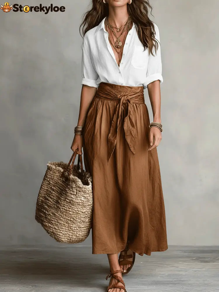 Effortless Boho Black Blouse & Olive Satin Midi Skirt Set - White / XS