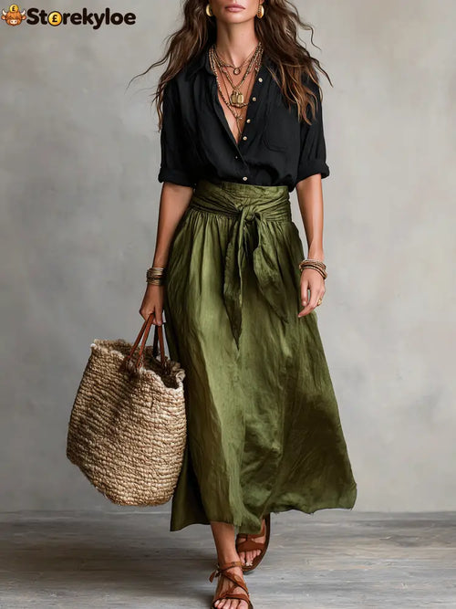 Effortless Boho Black Blouse & Olive Satin Midi Skirt Set - Black / XS