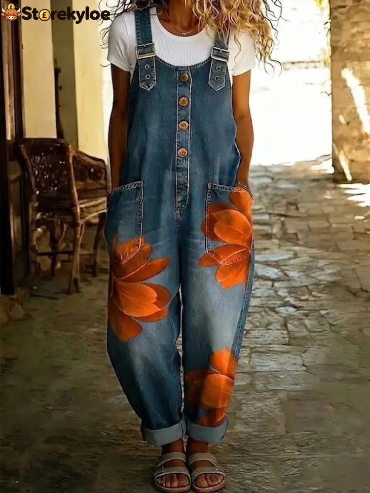 Effortless Boho Floral Denim Overalls for Women - Large orange flowers / S