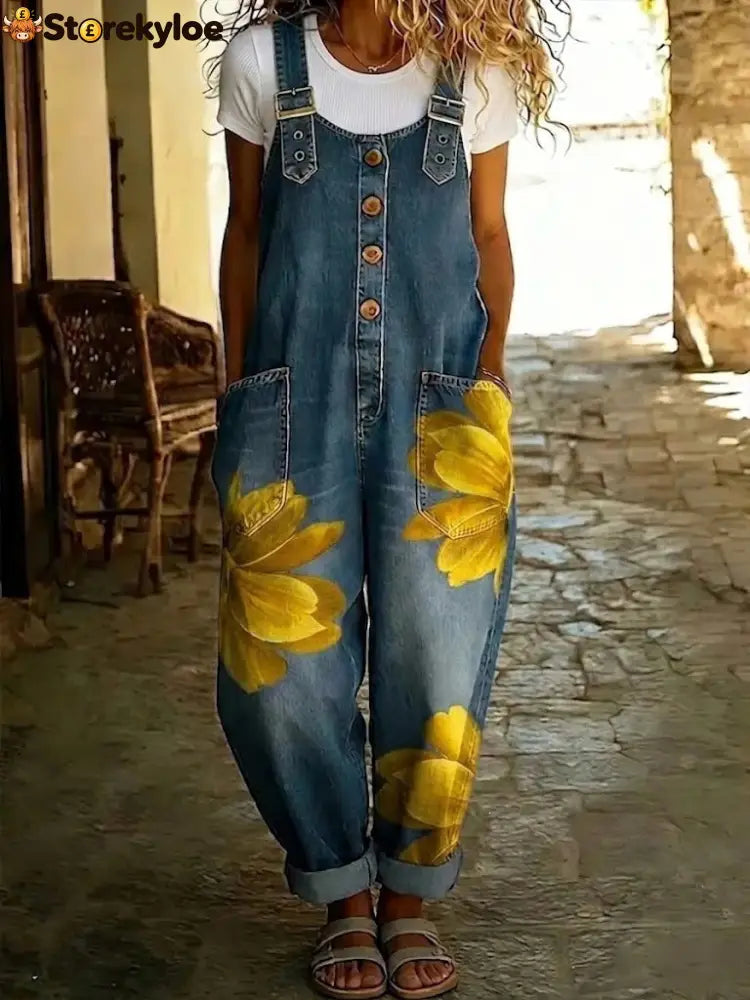 Effortless Boho Floral Denim Overalls for Women - Large yellow flowers / S