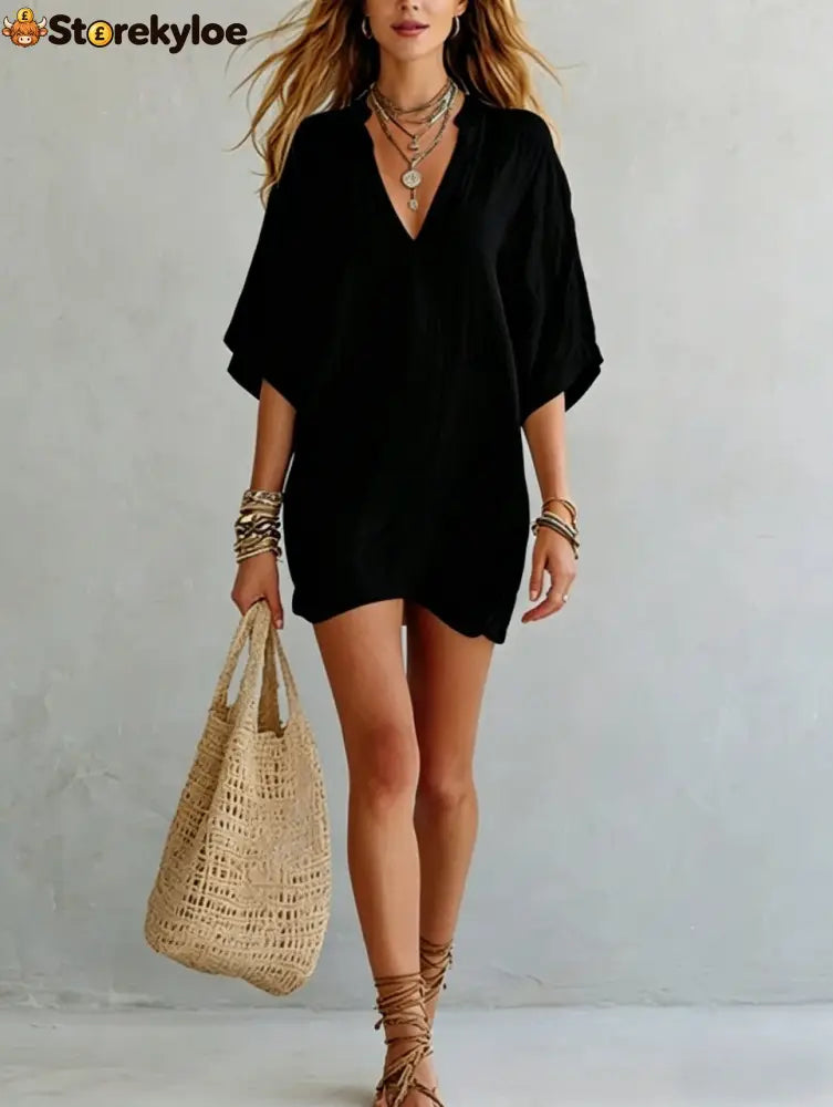 Effortless Boho Tunic Dress – Versatile Summer Essential - Black / S