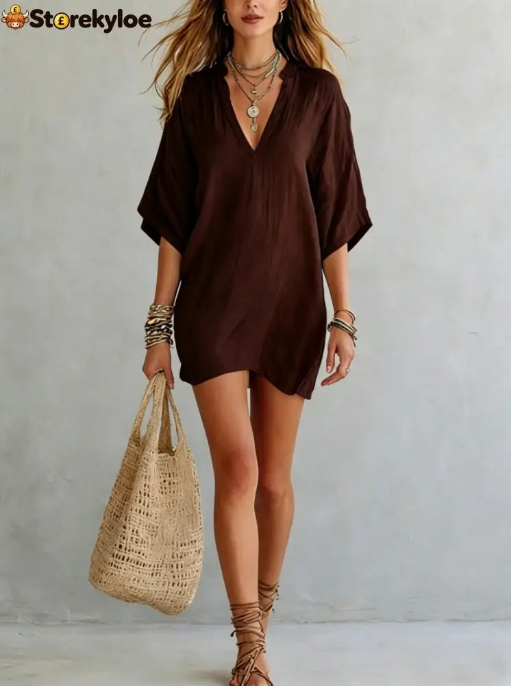 Effortless Boho Tunic Dress – Versatile Summer Essential - Brown / S