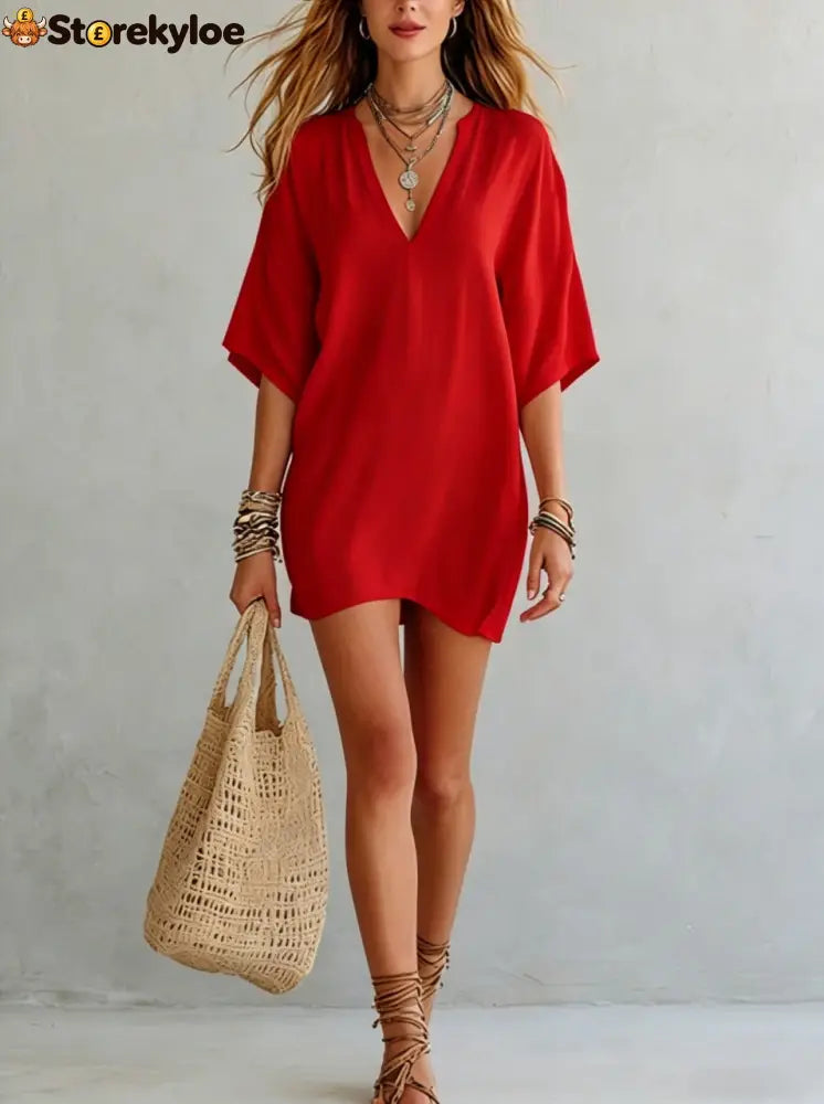 Effortless Boho Tunic Dress – Versatile Summer Essential - Red / S