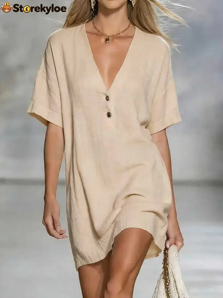 Effortless Chic Linen-Blend V-Neck Shirt Dress - Apricot / S