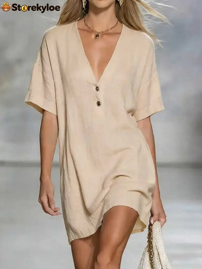 Effortless Chic Linen-Blend V-Neck Shirt Dress - Apricot / S