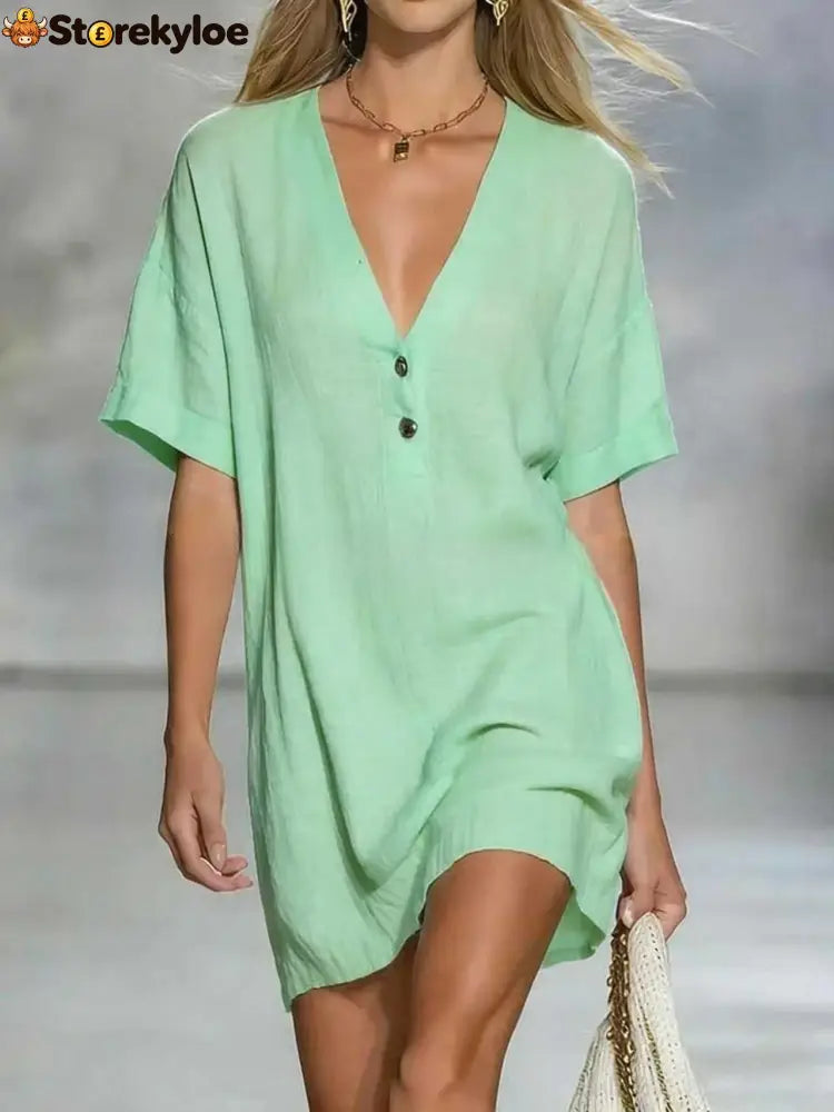 Effortless Chic Linen-Blend V-Neck Shirt Dress - Light green / S